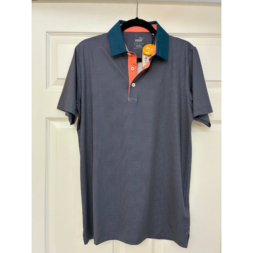 PUMA Men's Golf Polo Shirt Small Blue Coral Geo Print UPF 40 Short Sleeve NWT